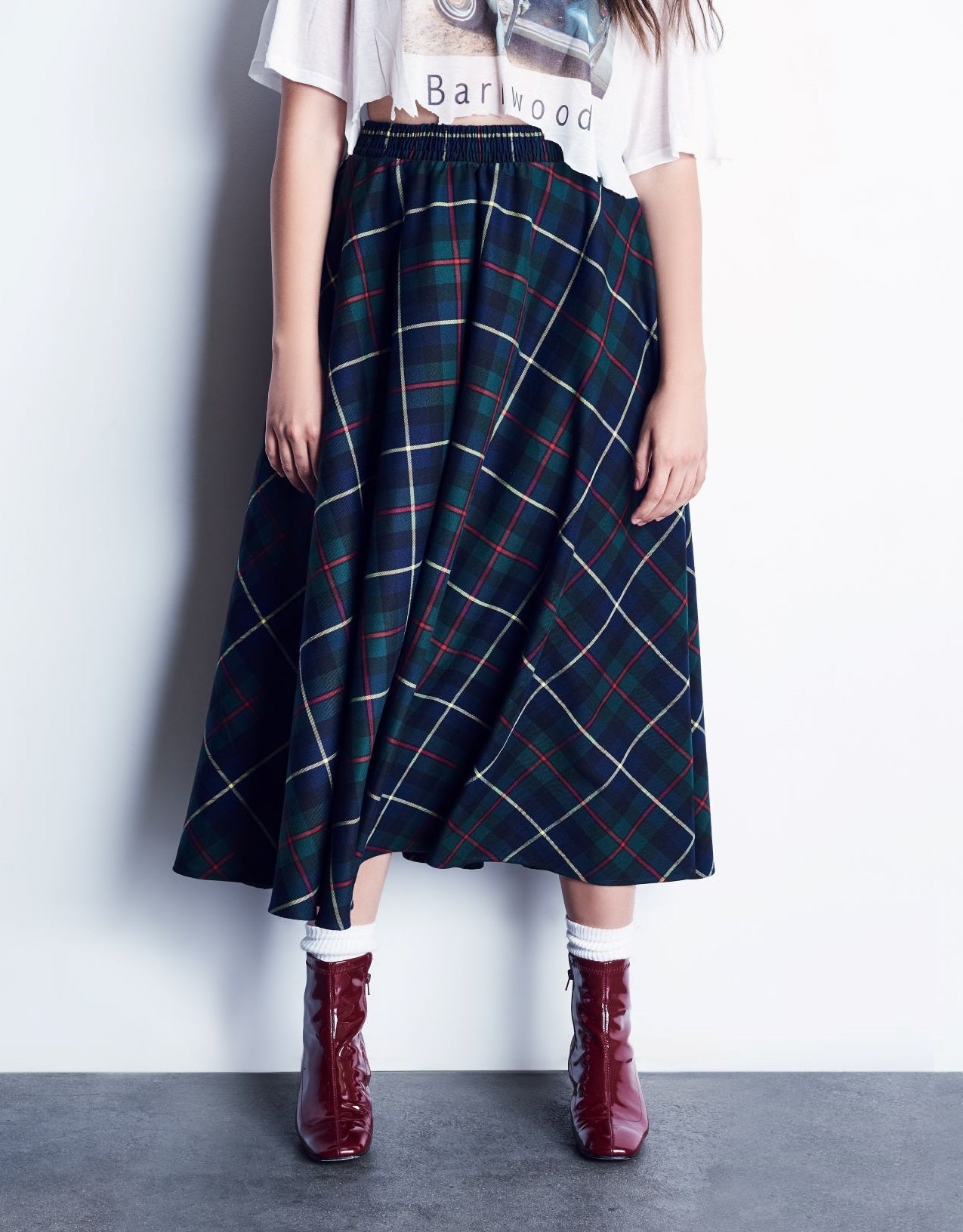 Green Plaid Full Circle Skirt With Smocked Waistband