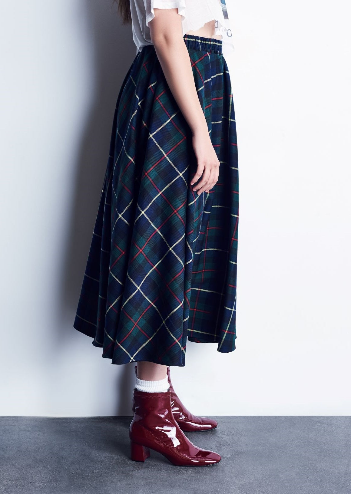 Green Plaid Full Circle Skirt With Smocked Waistband