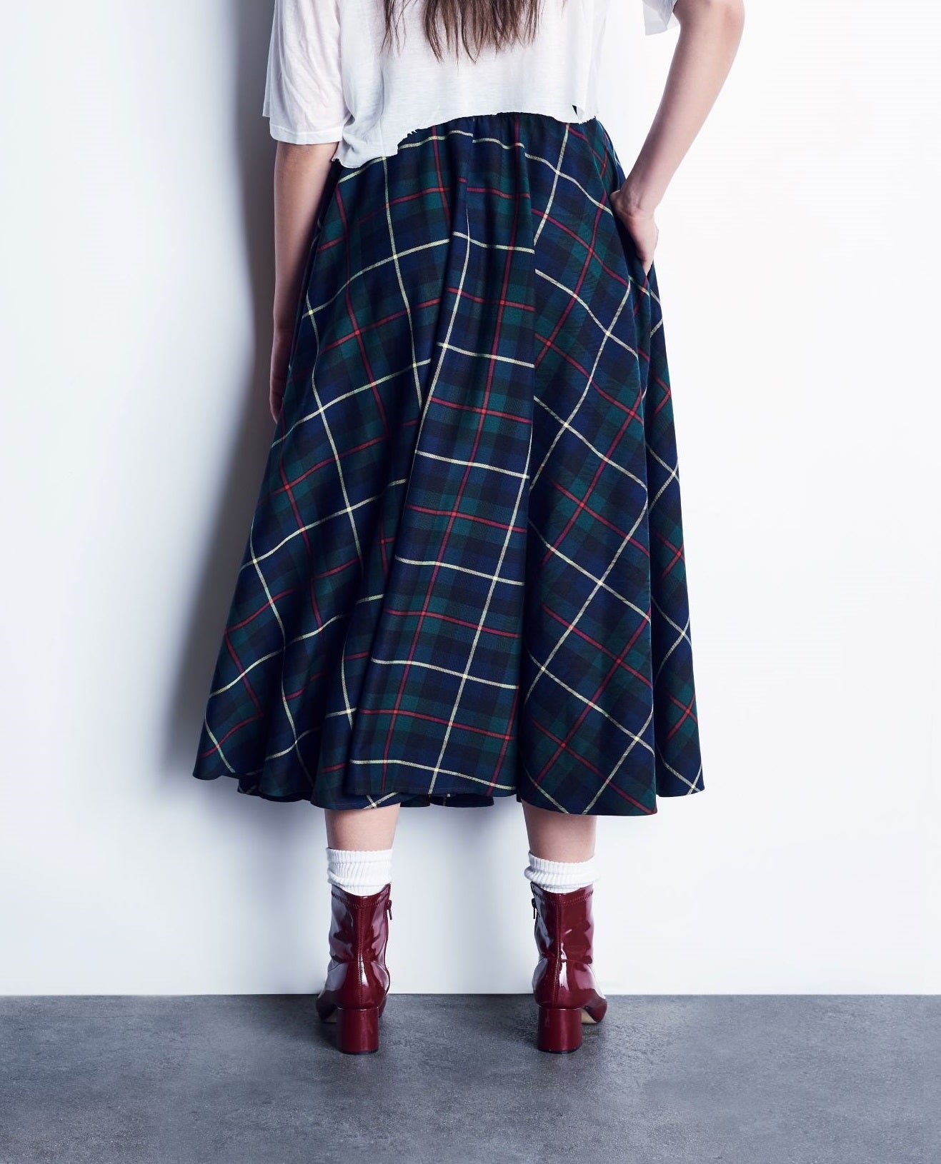 Green Plaid Full Circle Skirt With Smocked Waistband